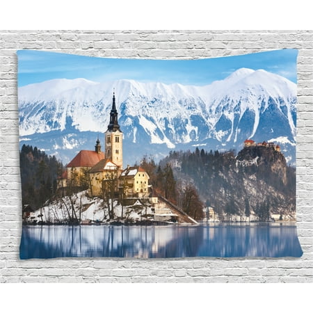 Winter Tapestry, St. Mary's Church of the Assumption Lake Bled in Slovenia Europe Travel Destination, Wall Hanging for Bedroom Living Room Dorm Decor, 60W X 40L Inches, Multicolor, by