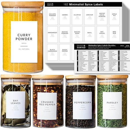 162 Minimalist Spice Jar Labels - Preprinted Spice Stickers - Black Text on White Waterproof Label - | Walmart (US)