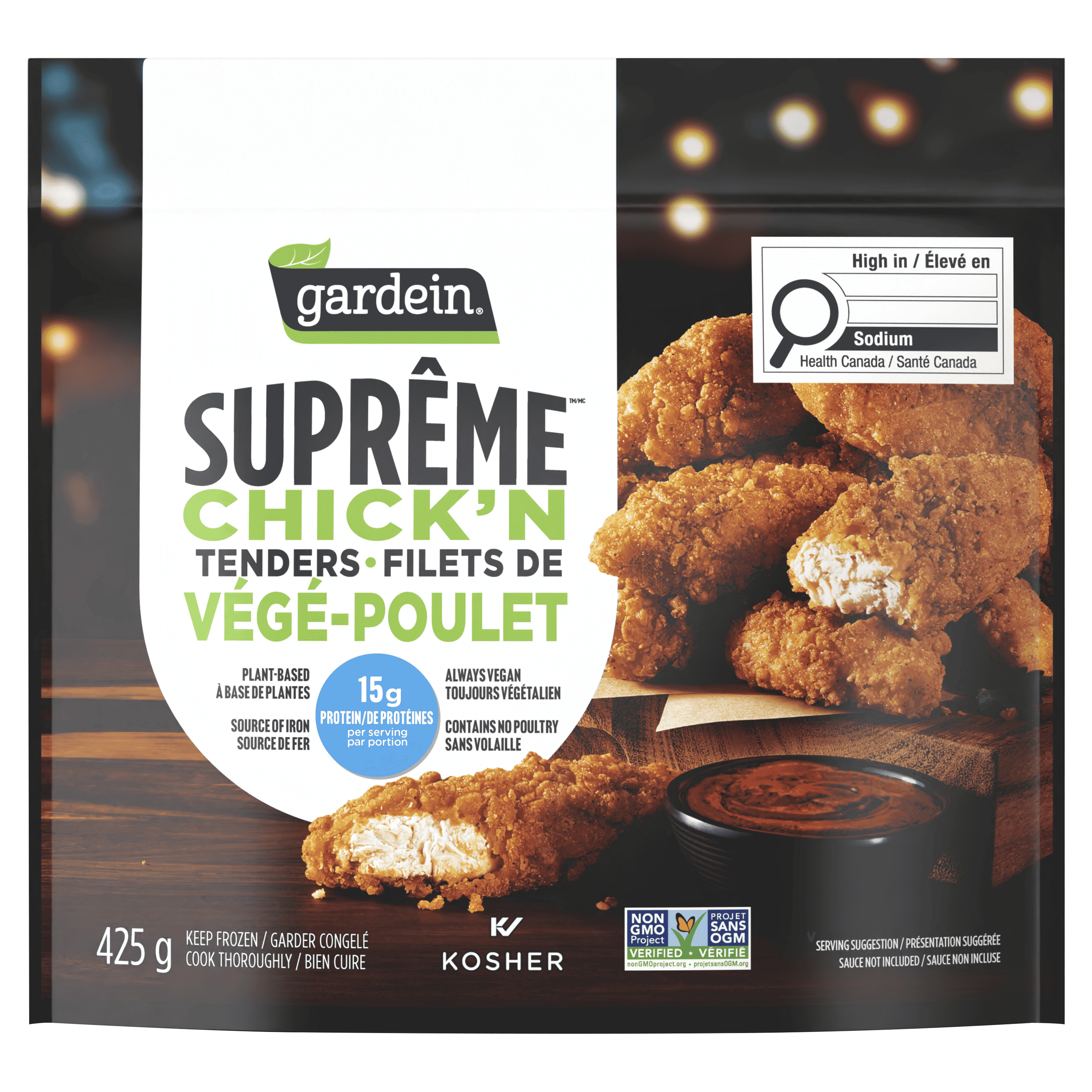 Gardein Suprême Frozen Chick’n Tenders, Enjoy in dinner or meal, Plant-based, Vegan, Source of Iron, 15g of protein, Chick’n Tenders, 425g
