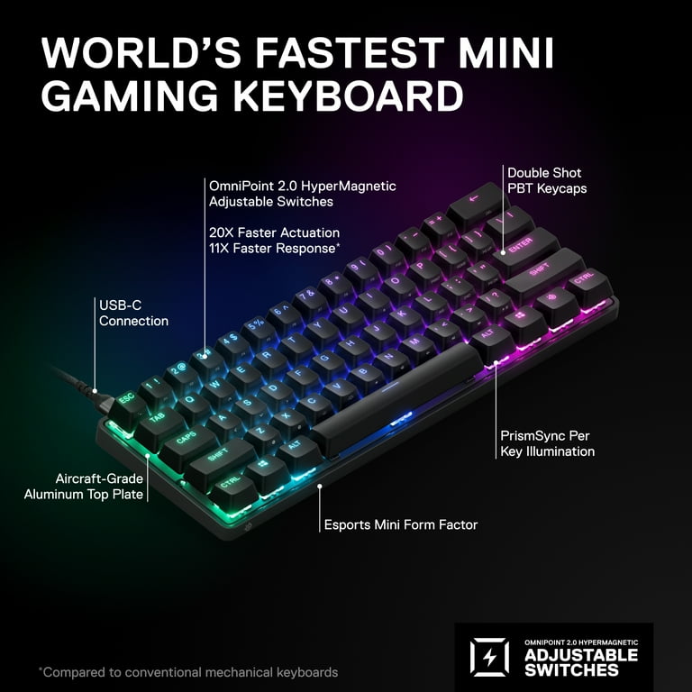 SteelSeries Apex Pro Mini HyperMagnetic Gaming Keyboard – World's Fastest  Keyboard – Compact 60% Form Factor