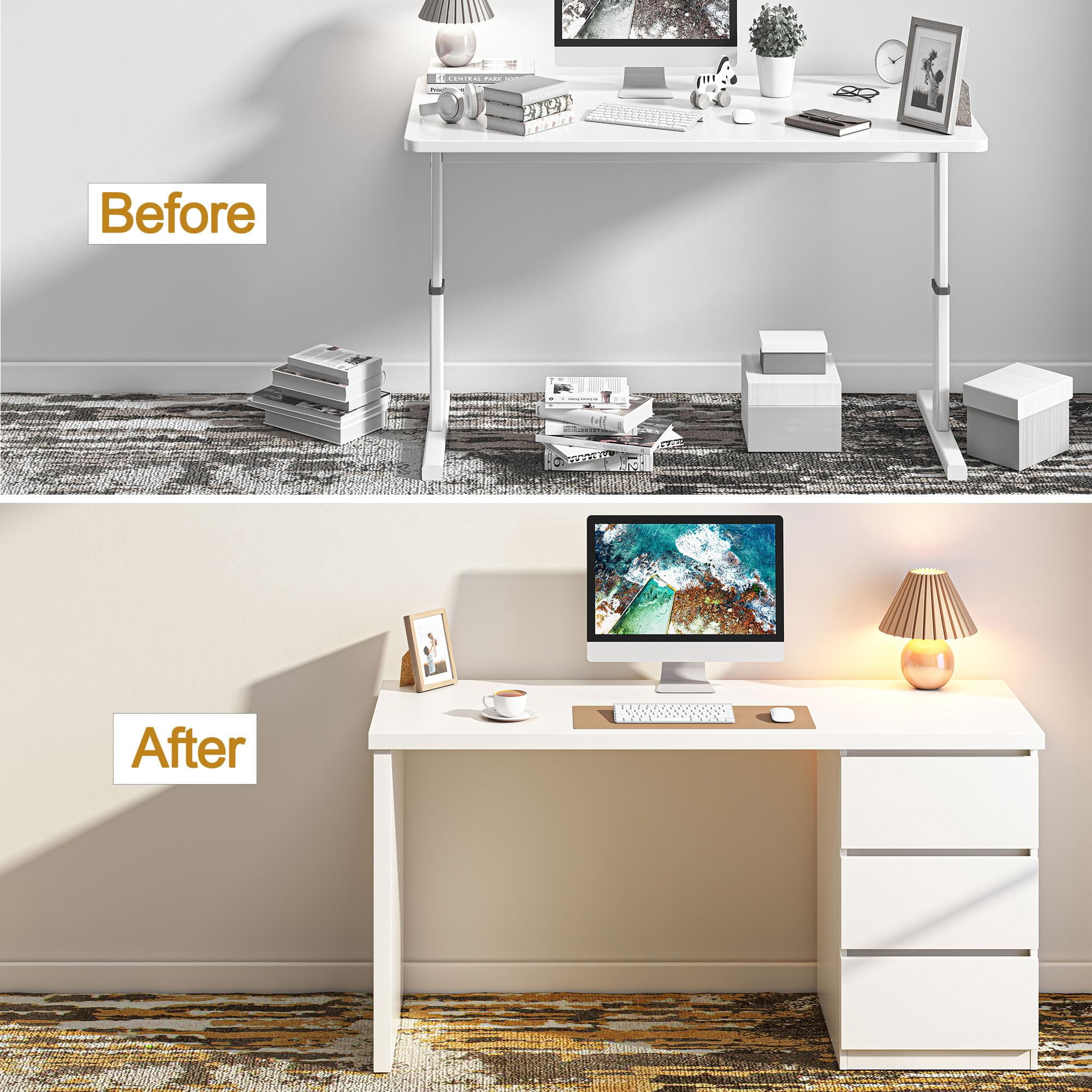 White Desk with Drawers, 55'' W Home Office Computer Desk Gaming Table, Modern Vanity Desk with Storage, Wood Writing Workstation for Bedroom, Living Room, White