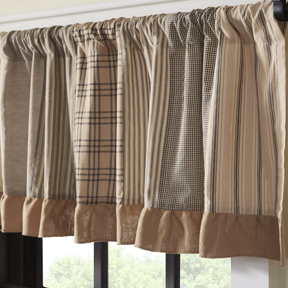 VHC Brands Sawyer Mill Charcoal Farmhouse Curtains for Kitchen Window Topper Linen Plaid Striped Patchwork Ruffled Light Filtering (Valance 19x72)