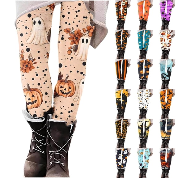 qolati Halloween Leggings for Women Soft Pumpkin Ghost Printed Workout Tights Lightweight Stretch Hight Waisted Yoga Pants Thanksgiving Holiday Pajama Pants