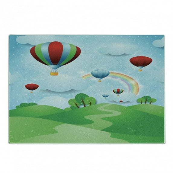 Rainbow Cutting Board, 3D Illustraton of Rising Hot Air Balloons Among Mountains on Circular Rainbow Halo, Decorative Tempered Glass Cutting and Serving Board, Small Size, Multicolor, by Ambesonne