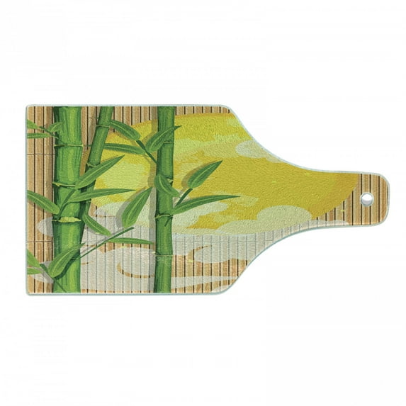East Cutting Board, Bamboo Tree Branches Full Moon and Abstract Curvy Clouds Stars Eastern, Tempered Glass Cutting and Serving Board, Wine Bottle Shape, Yellow Green Pale Brown, by Ambesonne