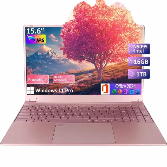 15.6" Windows 11 Pro Laptop 1920*1080 IPS FHD Intel Celeron ADL-N5095 16GB RAM 1TB SSD Office 2024 Student Business Home Office Backlit Keyboard WiFi 5 BT 5.1 (RoseGold)
