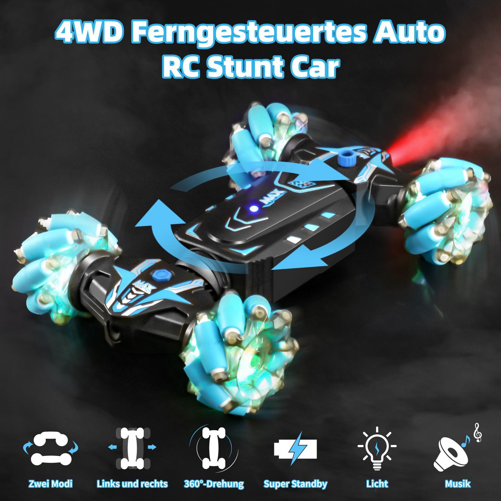 VANLINNY Gesture Sensing RC Stunt Car with Light and Music,Drift Hand Controlled Remote Control Twist Cars Toys for 8-12 yr Boys Girls,4WD 2.4GHz Monster Truck 360° Flips/Spray,Xmas Gift for Kids.