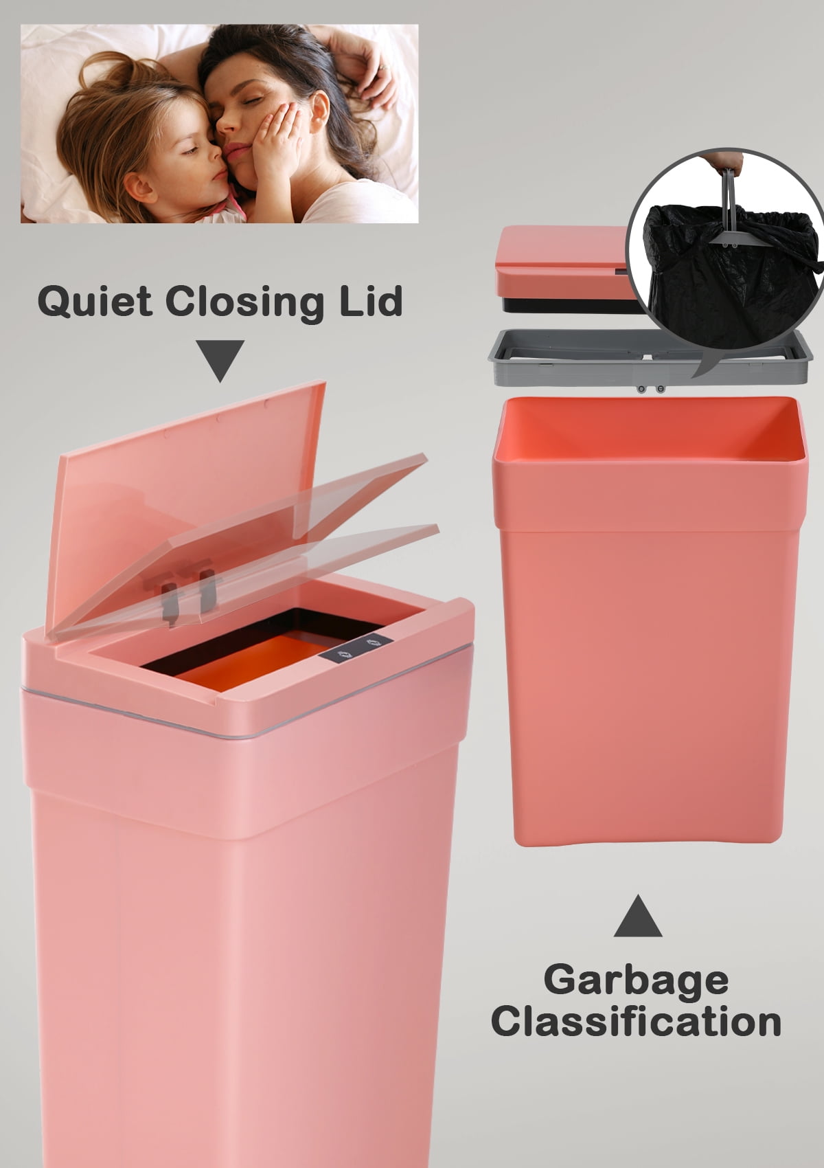 CL.HPAHKL 13 Gallon Touch Free Automatic Trash Can with Lid, Plastic Motion Sensor Kitchen Garbage Can, Touchless Trashcan Trash Bin for Bathroom, Office, Home, Pink