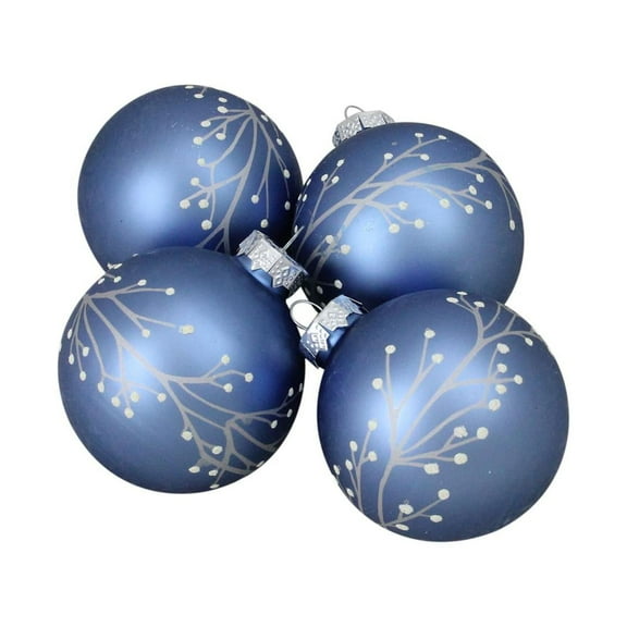 4-Piece Branch Pattern on A Slate Blue Glass Ornament Set 3.25" (82.55mm)