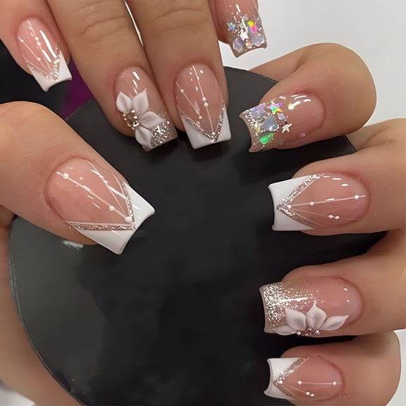RAGUPEL 2026 New Press on Nails Short Square Fake Nails White French Tips Glossy False Nails Cute Bling Glitter Nails Press Ons Gel Glue on Nails Full Cover Flower Stick on Acrylic Nails for Women