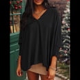 thumbnail image 4 of Blusas Elegantes e Informales para Mujer, con Escote en V y Mangas 3/4, con Puños Fruncidos Negro XL, 4 of 7