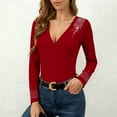 thumbnail image 5 of ClodeEU Women's Cross Wrap V Neck Long Sleeve Slim Fitted Rhinestone T Shirt Top,Ruched Elegant Tee Top Red,Womens Plus XXXXL, 5 of 8