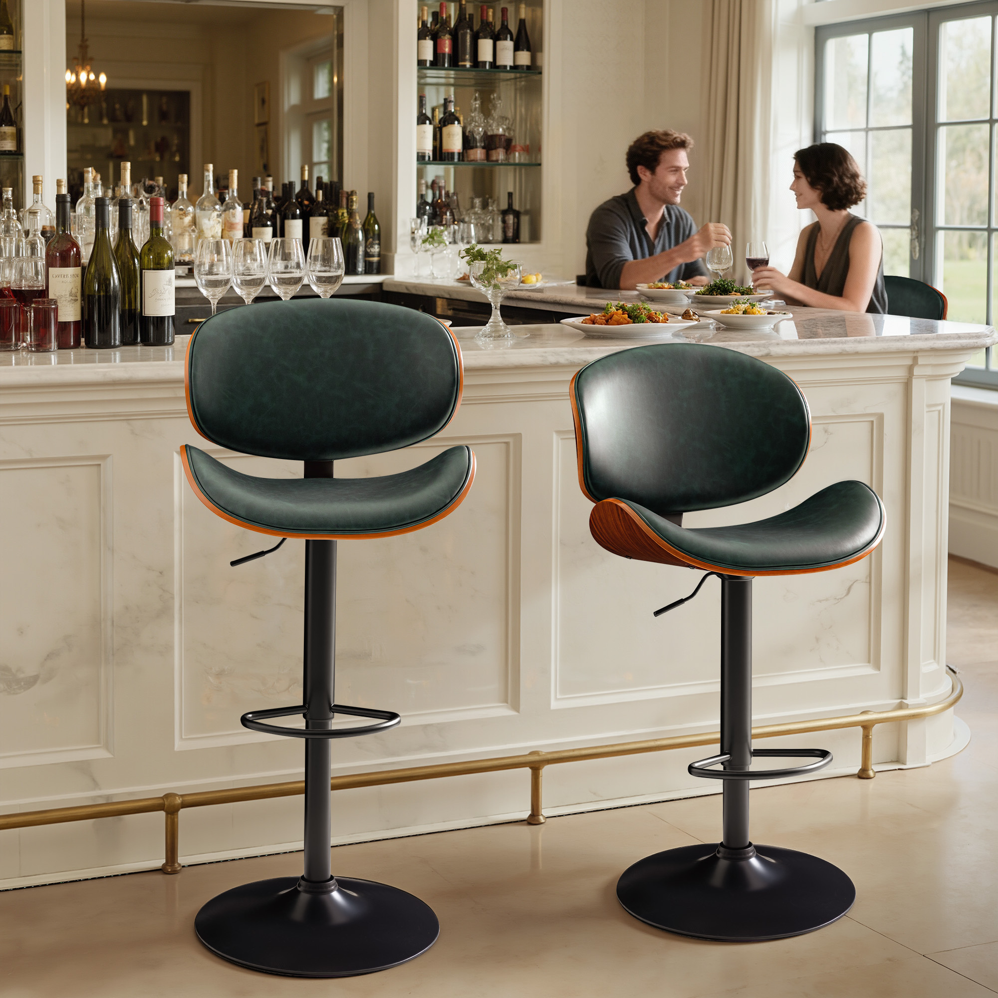 Homall Bar Stools Set of 2 Swivel Counter Height Bar Chairs Upholstered Bentwood Barstools with Back and Footrest for Kitchen, Coffee Bar, Green