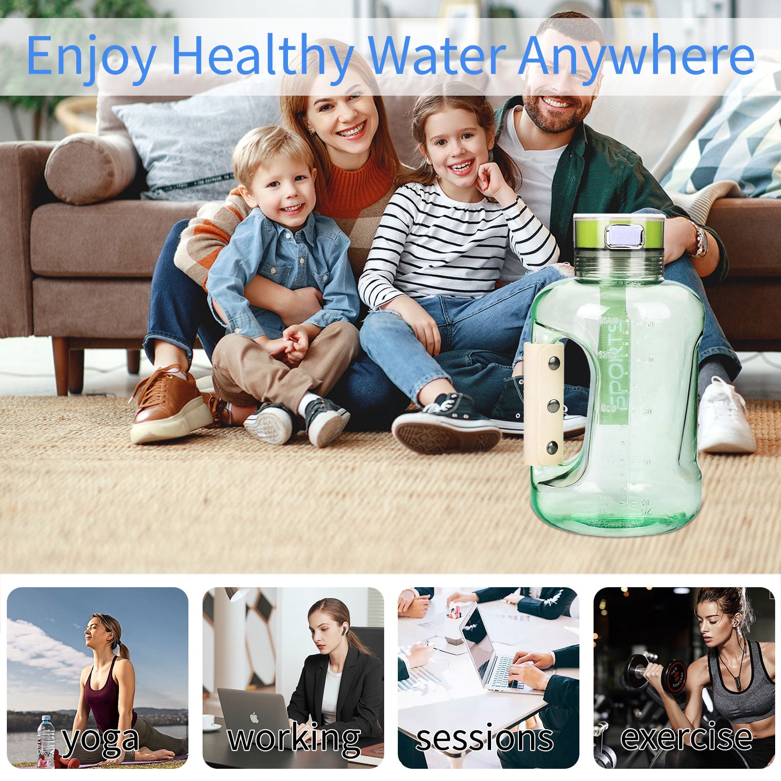 50oz Hydrogen Water Bottle, 1.5L Large Capacity Leak Proof Sports Drinking Bottle with Handle and Shoulder Strap, Portable Sports Water Bottle for Gym, Exercise and Outdoor Scenes