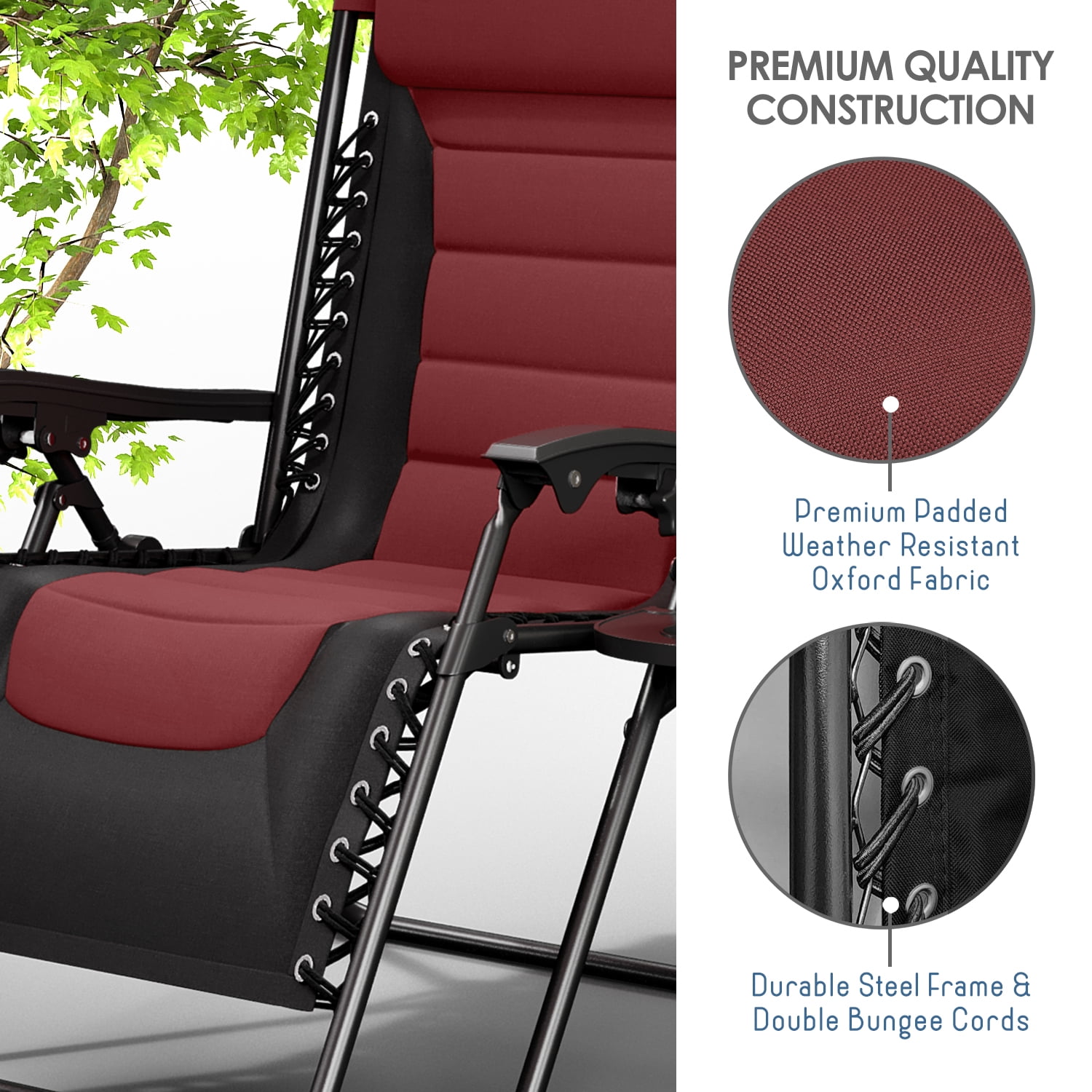 LammaLoe Padded Zero Gravity Chair set of 2, Oversized, Lounge Chair Outdoor, with Adjustable Headrest and Side Tray, 330 lbs Capacity – Black/Burgendy