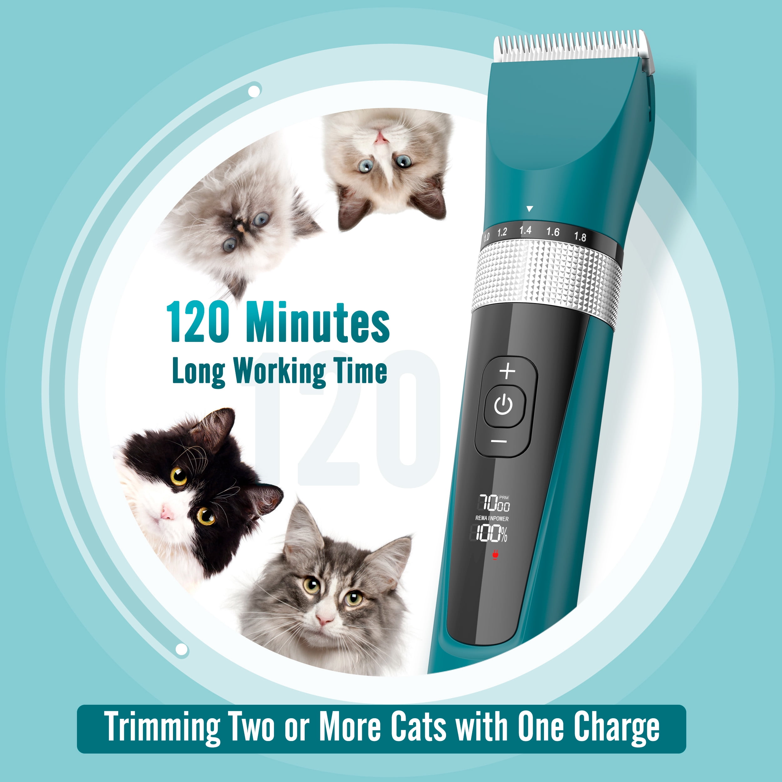 Oneisall YP-7268 5-Speed Cat Grooming Clippers, Cordless Low Noise Cat Clippers for Grooming, Rechargeable IPX6 Waterproof Cat Grooming Kit with 4 Guide Combs, Pet Hair Clipper Trimmer for Dogs Cats