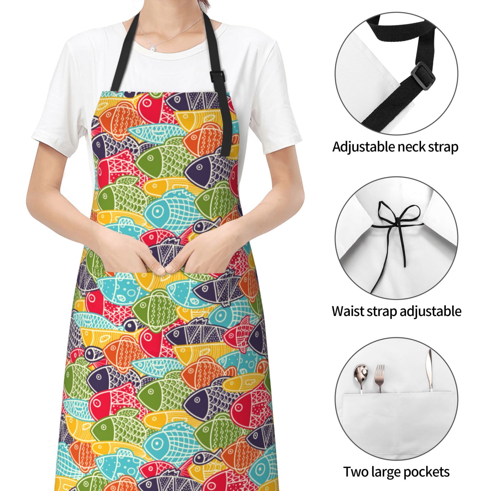 Vsdgher Colorful Fish 2 Waterproof Apron with 2 Pockets Kitchen Chef Aprons Bibs for Grooming Cooking Baking Painting Gardening
