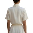 thumbnail image 5 of LEKODE Women Stand Split Collar Short Sleeve Blouse, Elegant Solid Color Work Office Casual Dress Shirt Top Basic Tees Boho Summer Tops Beige L, 5 of 6