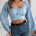 thumbnail image 2 of HAPIMO Women's Casual Elegant Slim Chiffon Shirts Vacation Workout Square Neck Pleated Pullovers Fashion Cropped Tops Lantern Sleeve Business Tees Outfits Blue S, 2 of 8