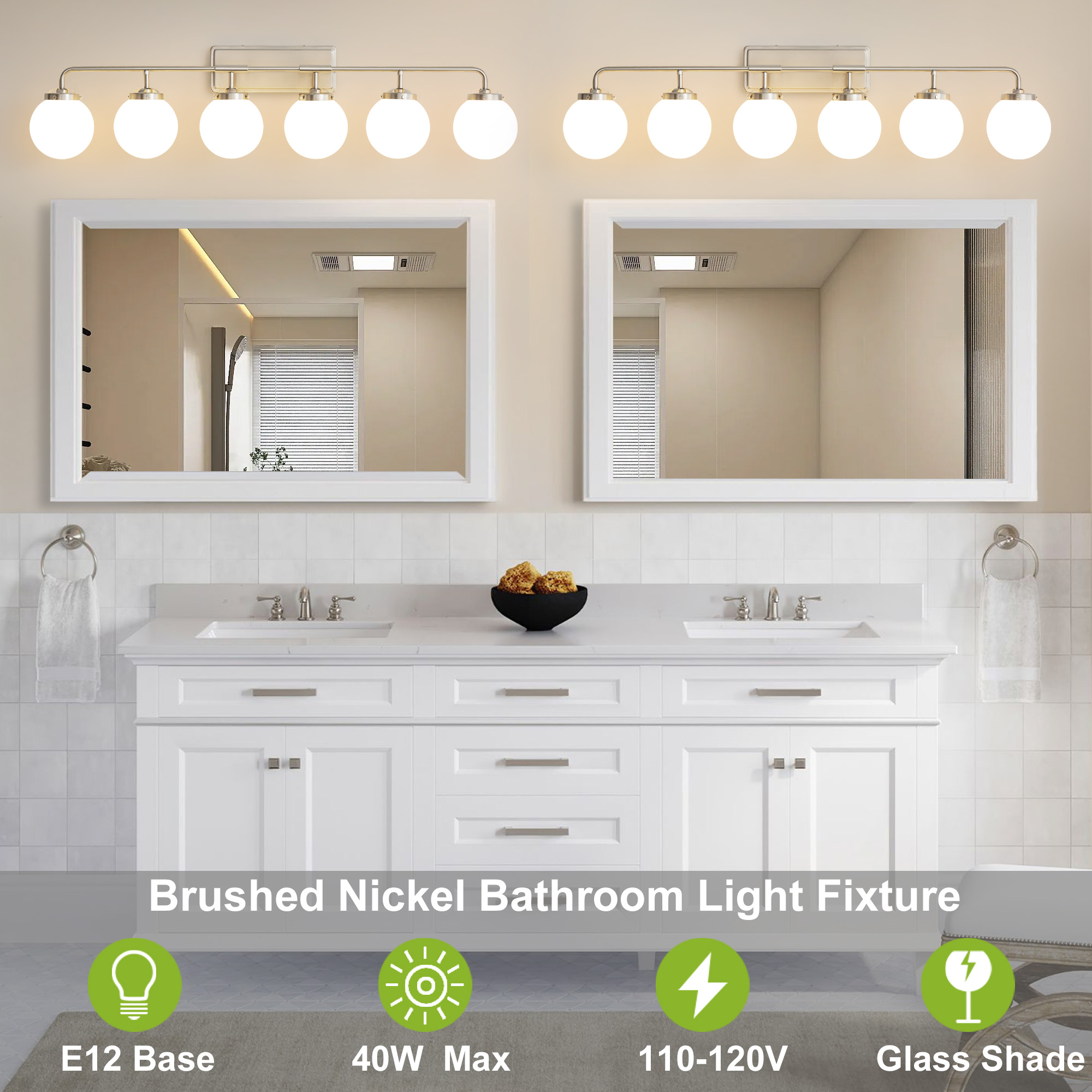 Deyidn 6-Light Modern Vanity Light, Nickel Bathroom Light Fixture with Milk White Glass Globes, 45 Inch Bathroom Wall Sconce for Mirror