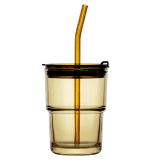 1pc Amber Color Glass Cup With Silicone Sleeve & Straw
