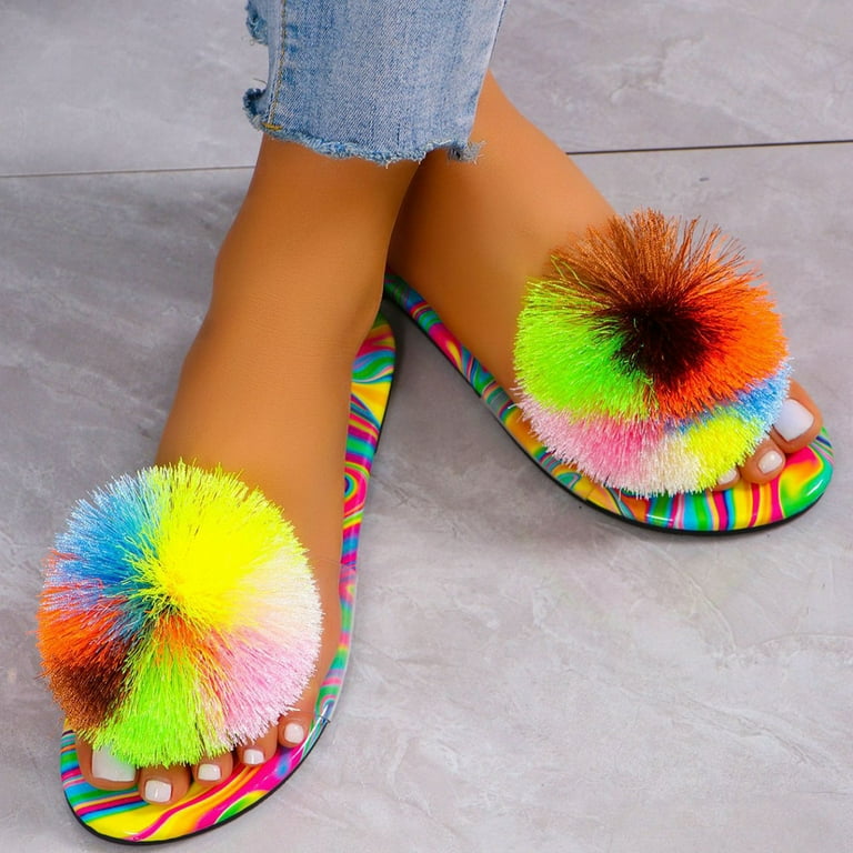 CHOII Promotion Women s Casual Flip Flops Candy Colored Rainbow Flat Bottomed Beach Shoes Comfort Thong Sandals for Ladies Lightweight Slide Sandals