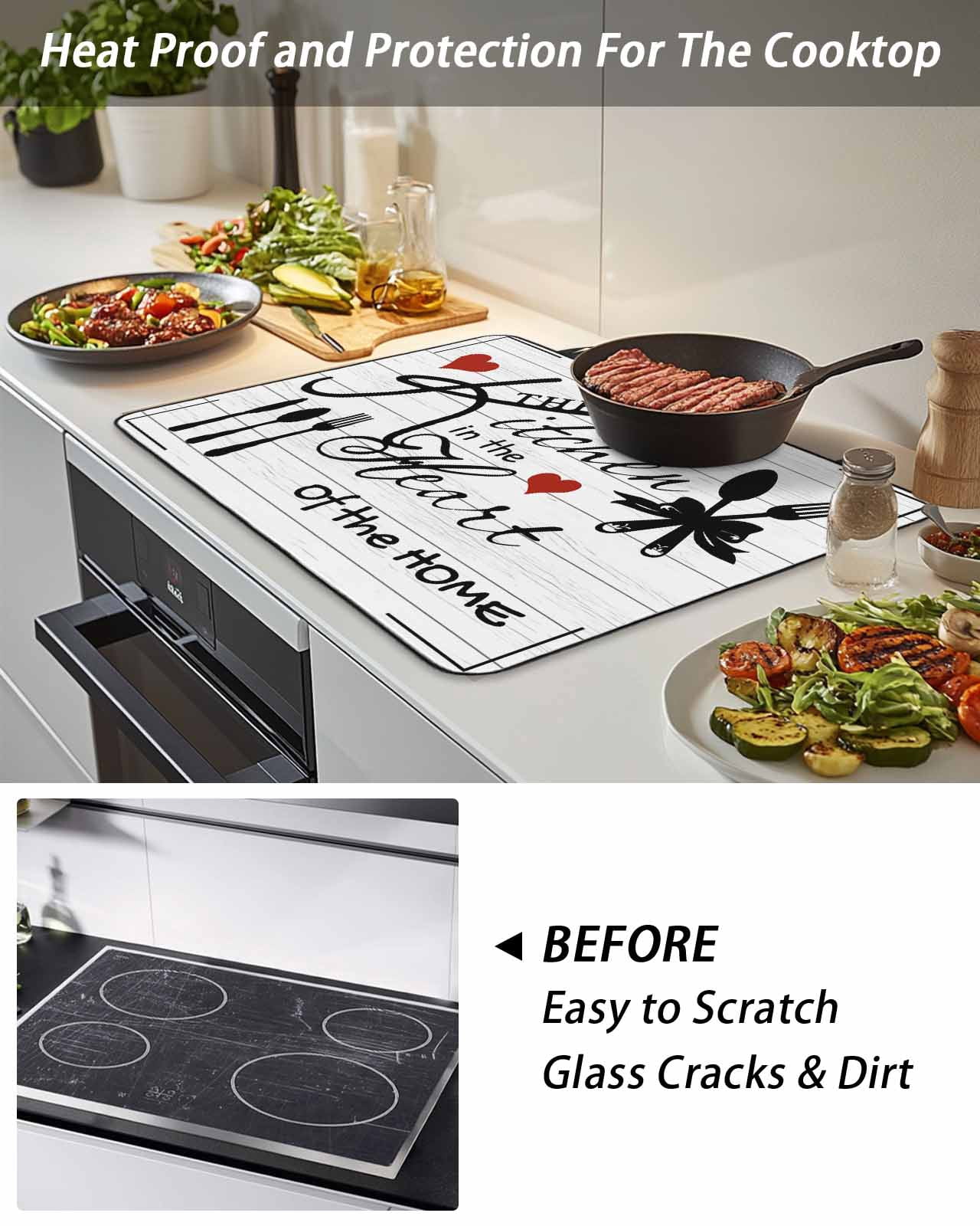 Stove Top Covers for Electric Stove, Kitchen Tableware Glass Stovetop Cover Protector, Red Love Heart Black Words Vintage Induction Cooktop Protector Oven Mat for Kitchen Countertop 24"x21"