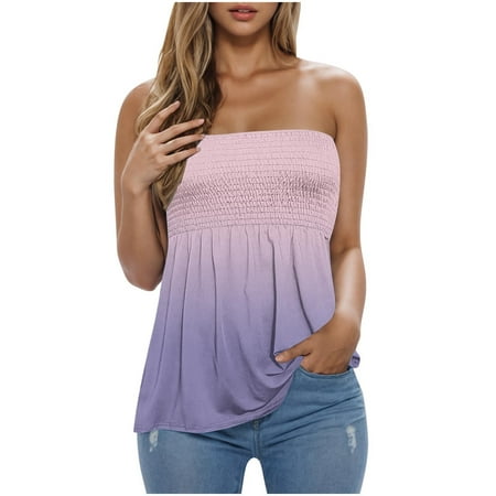 bnaln Vest Tops Women Sale Clearance Womens Tank Tops Summer Casual Gradient Printed Pleated Strapless Bra Tube Tops Sleeveless Camisole Flowy Shirts Vacation Beach Blouses