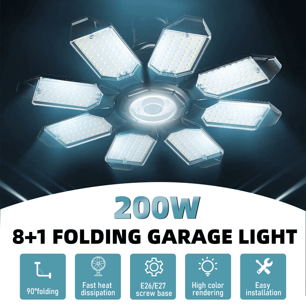 LED Garage Light 200W 20000LM, 8-Leaf Deformable LED Ceiling Light with E26/E27 Base, Adjustable Panels, Ultra Bright Shop Light for Garage, Basement, Workshop, Attic, Barn, Indoor Outdoor (3 Pack)