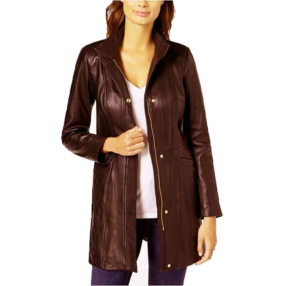 Cole Haan Womens Mid-Length Leather Coat 