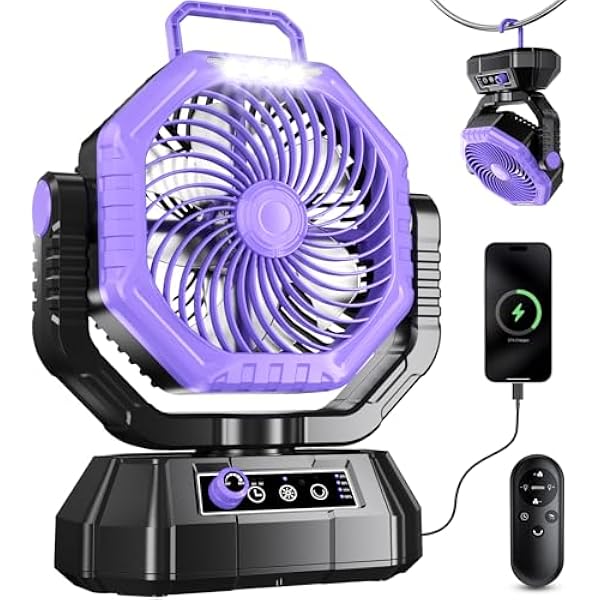 wonima99 Portable Fan Rechargeable20000mAh Camping Fan with 360 Airflow, Battery Powered Ventilador Recargable with Stepless Wind Speeds, 3 Timing, Hanging Hook for Camping, Tents, BBQ, Fishing