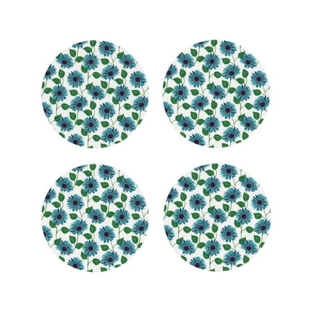 

Leather Coasters Set of 4 - Sunflowers Green Leaves Lightweight Non-Slip Drink Coasters for Desk Anti-Scalding Desk Cup Coasters for Office Table Decor Round Shape