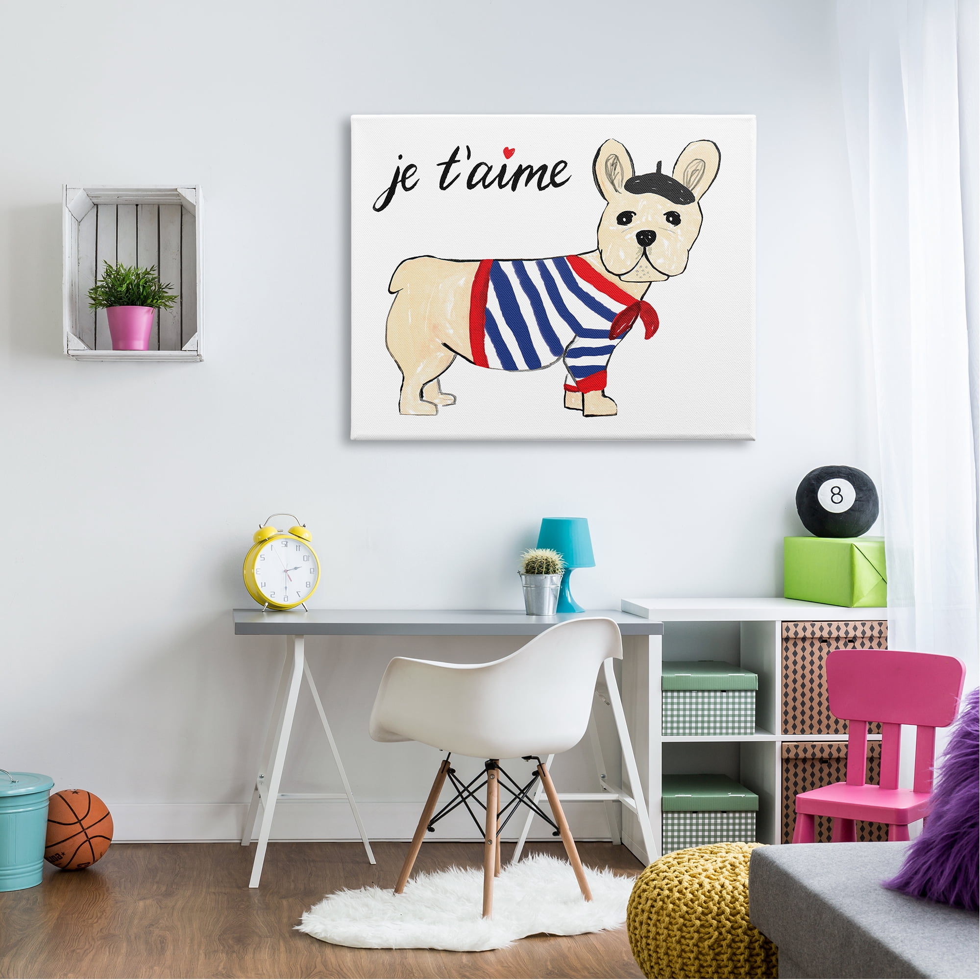 Stupell Industries Je T'aime French Dog Wearing Beret Drawing Kids Painting Gallery-Wrapped Canvas Print Wall Art, 48 x 36, Design by Heather Strianese