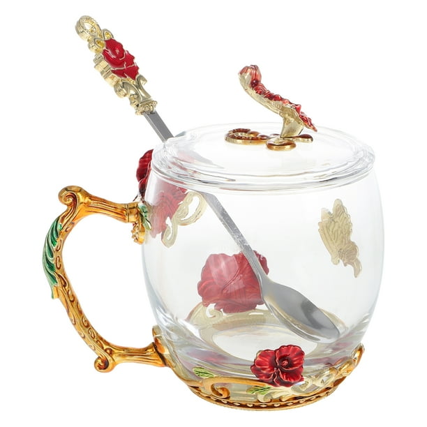 1 juego de vaso de leche de vidrio, vaso de vidrio con tapa, vaso de leche con tapa, vaso de agua transparente, taza de té con tapa, taza de té, taza con tapa, cuchara, taza de café con flores