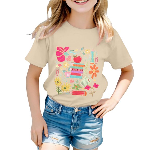Girls Floral Book Apple Pencil Doodle Graphic T Shirt Crew Neck Soft Cotton Kids Short Sleeve Tee for First Day Of School Photos and Classroom Daily Outfits Beige 100