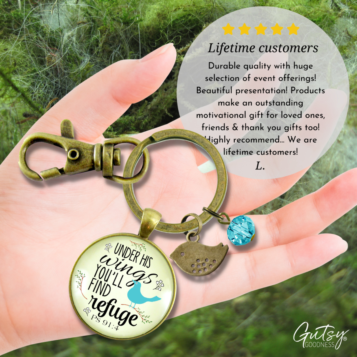 Bible Quote Gutsy Goodness Bronze Keychain Under His Wings Refuge Psalm 91 Promise Jewelry