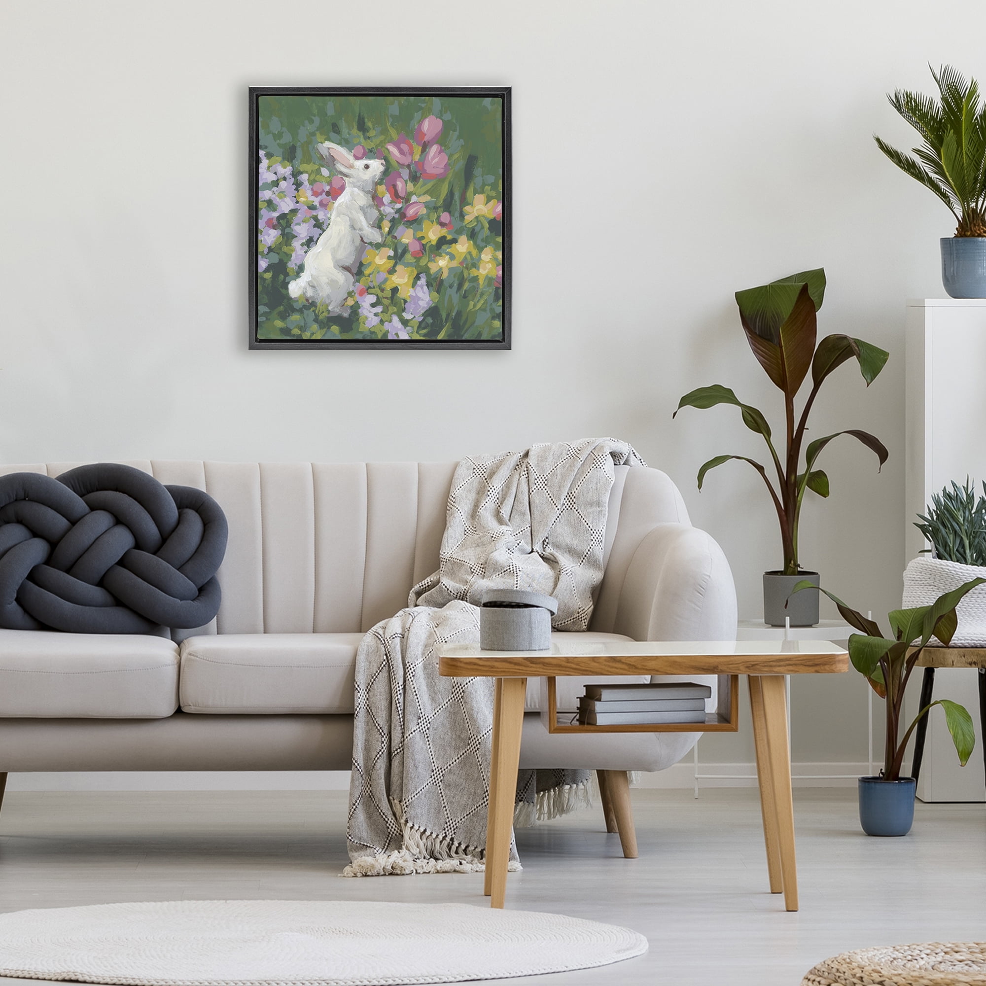 Stupell Industries Bunny in Garden Impression Black Framed Floater Canvas Wall Art, design by June Erica Vess