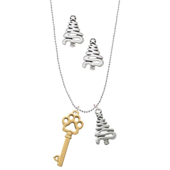 Delight Jewelry Goldtone Open Paw Key Silver tone Zig Zag Christmas Tree Charm Necklace and Stud Earrings