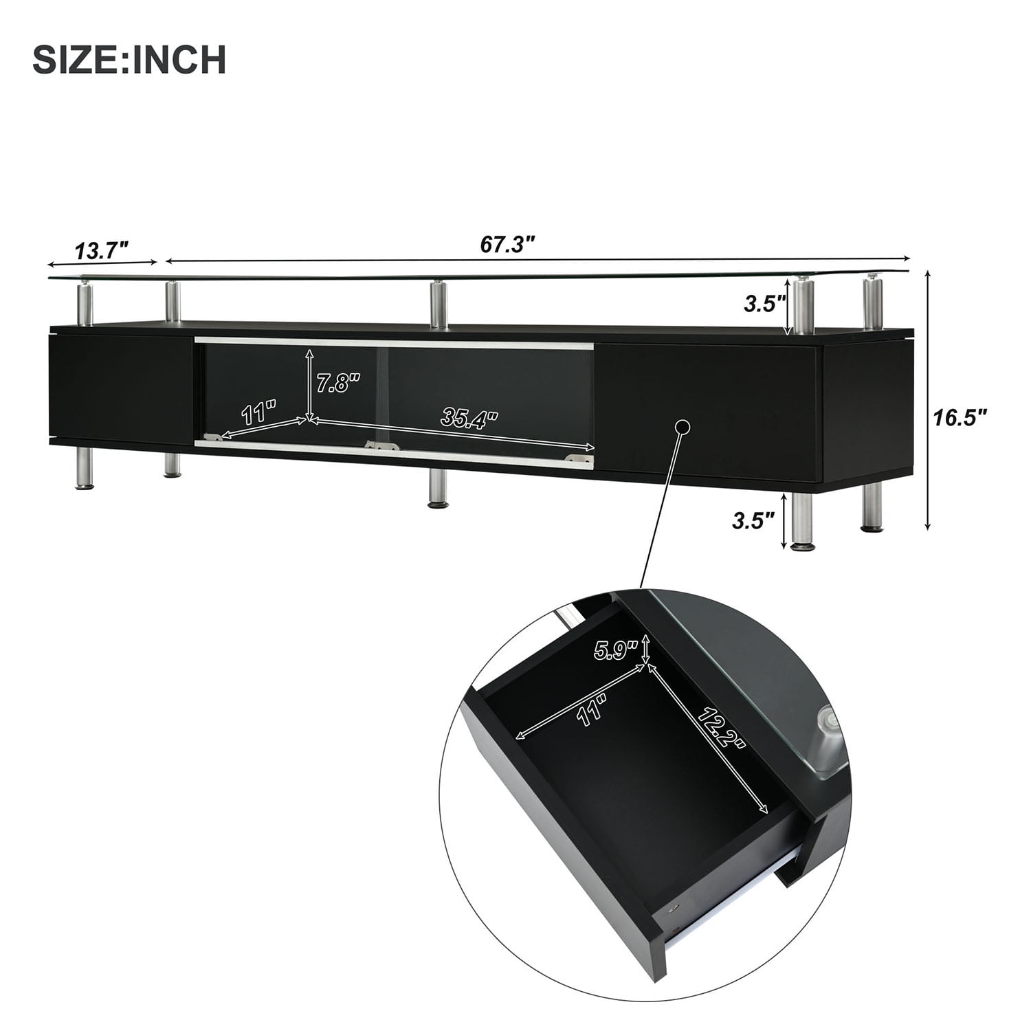 Kadyn TV Stand, Entertainment Center TV Console with Sliding Glass Door and Drawers for TV Up to 70", Black