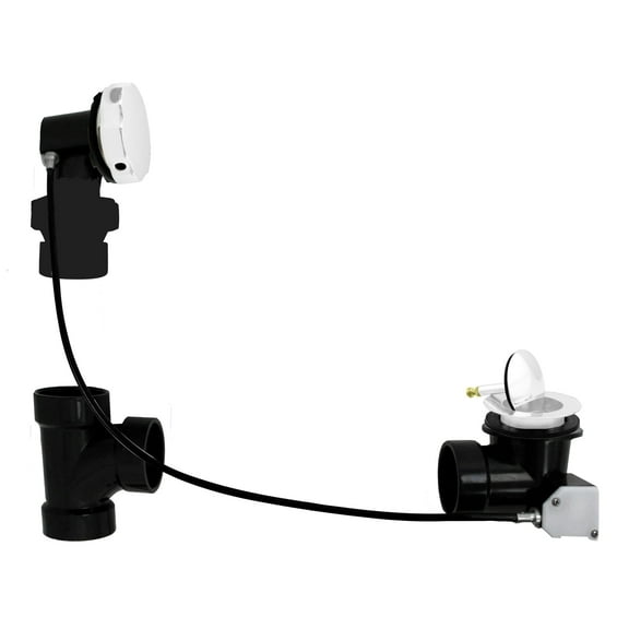 Westbrass 35" Cable Drive Bathtub Pop-Up Drain Trim with Rotary Overflow Knob on Ball Joint and Sch. 40 ABS Fittings, Powder Coat White