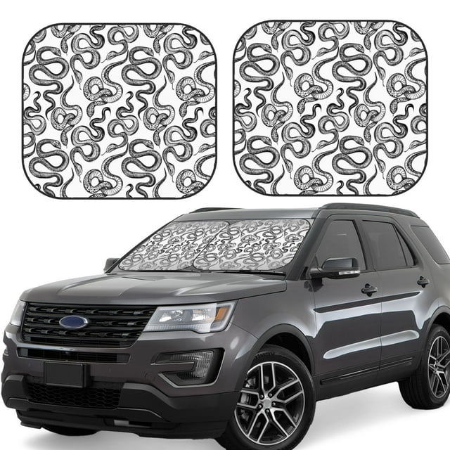 Honeii Hand Drawn Snake Print Foldable Car Sun Shade for Windshield, 2-Piece UV Protection Shade, Protects Car Interior, Ideal for Cars, Trucks, SUVs-Large