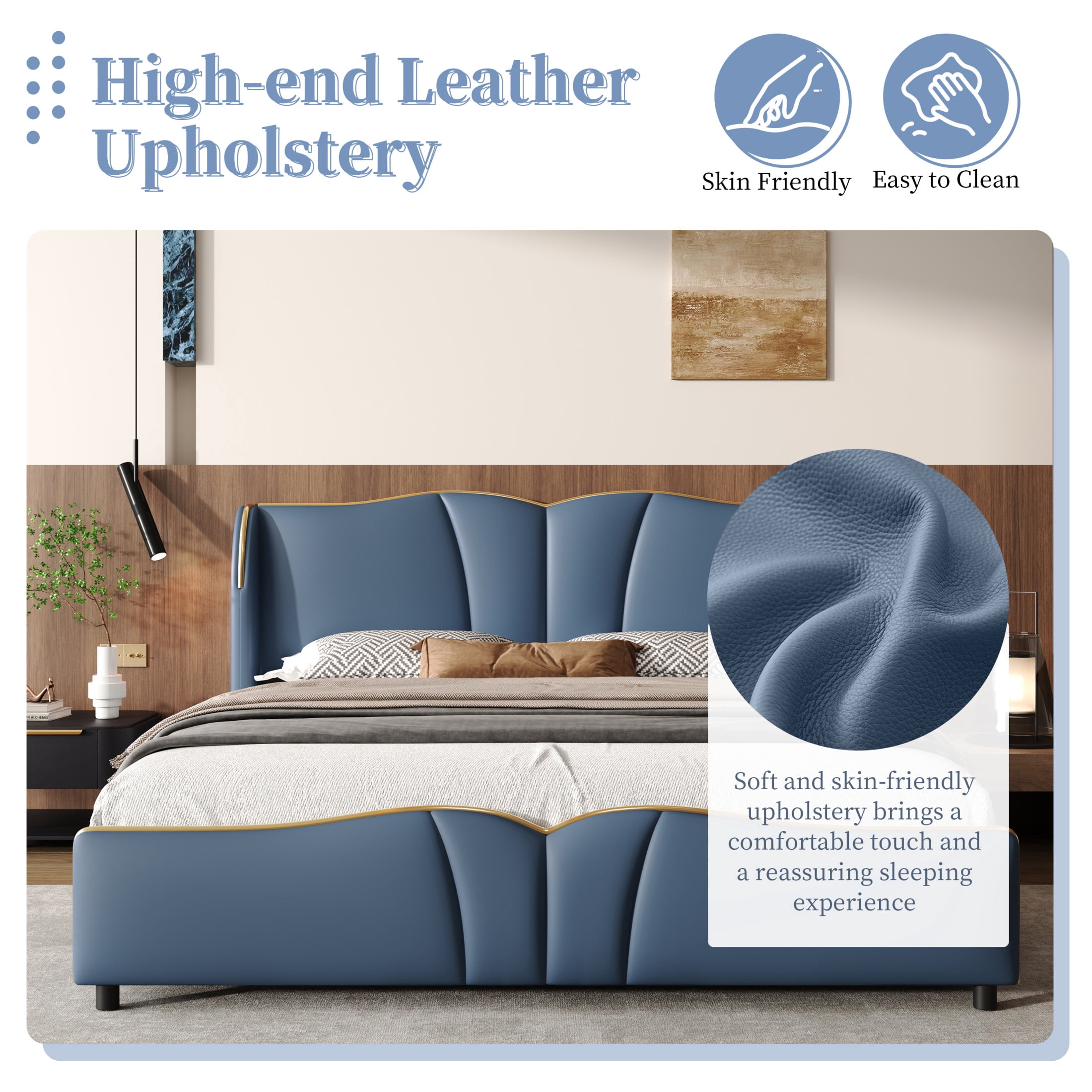 Christopher Knight Home Luxury PU Upholstered Queen Bed Frame with Wingback Headboard, Antique Blue