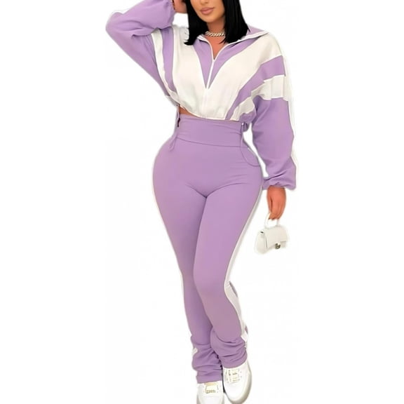 Womens 2 Piece Sweatsuits Color Block Long Sleeve Zipper Cropped Jacket Legging Pants Set Tracksuit Jogger Outfits