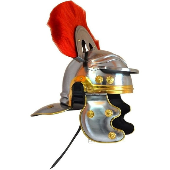 Roman Armor Helmet Brass-Accents Medieval Knight Crusader RED Plume Rustic Vintage Home Decor Gifts