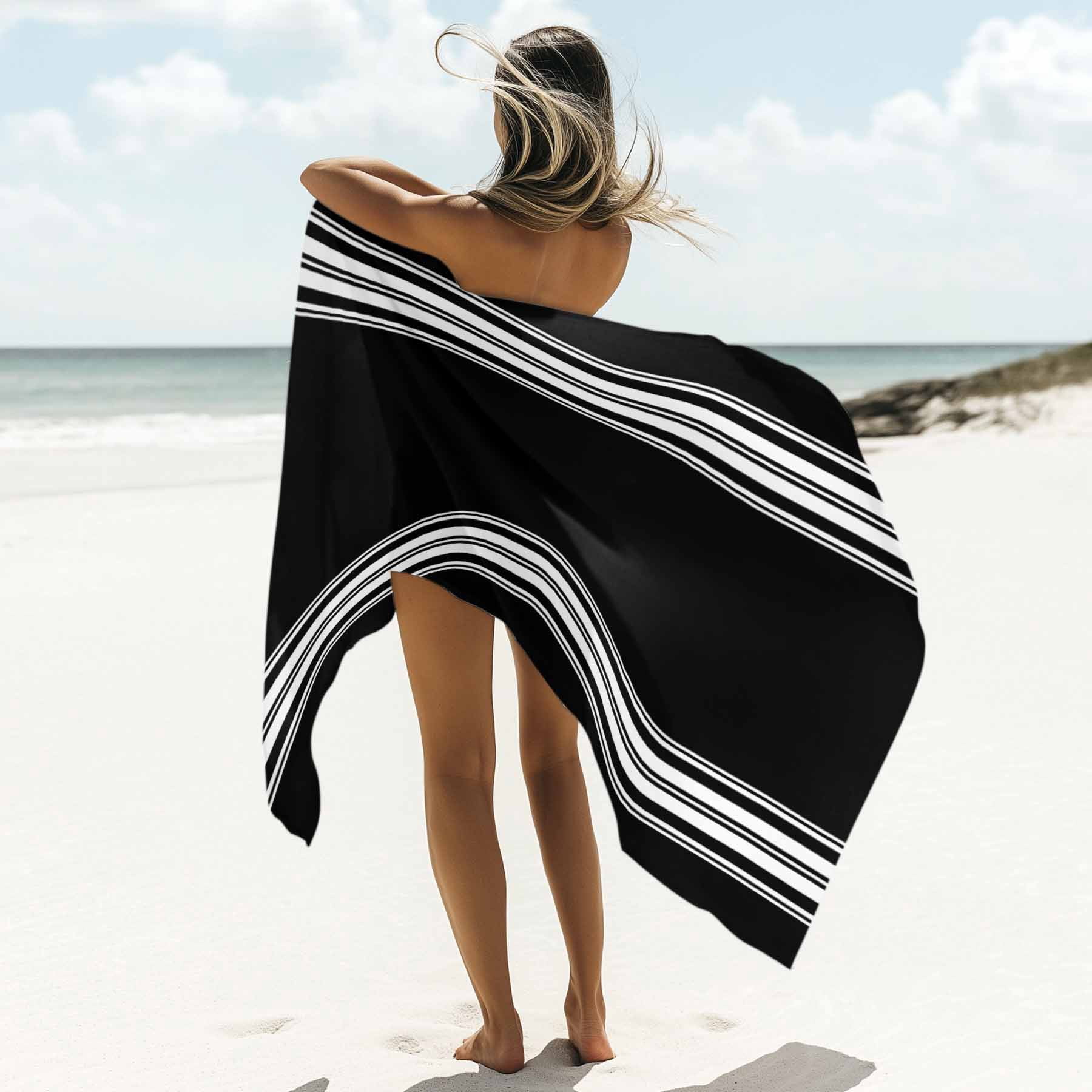 Beach Towel Black Striped Bath Pool Towels Black White Stripes Absorbent Beach Towel Soft Large Quick Dry Lightweight Camping Travel Sports Yoga Gym Swim Towels for Adult 35x70 Inch