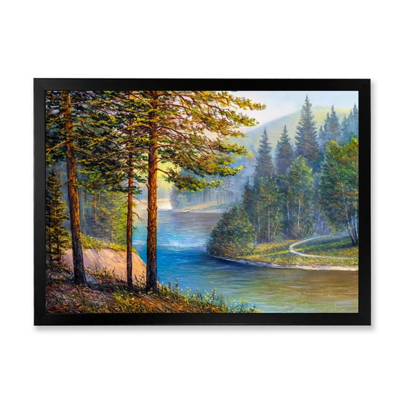 Designart 'Sunrise Glow Through The Pine & Fir Forest' Lake House Framed Art Print