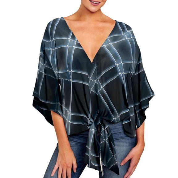 XIAONU Women's Plaid Blouses V Neck Tie Front Top Lightweight Casual Daily Wear Tunic