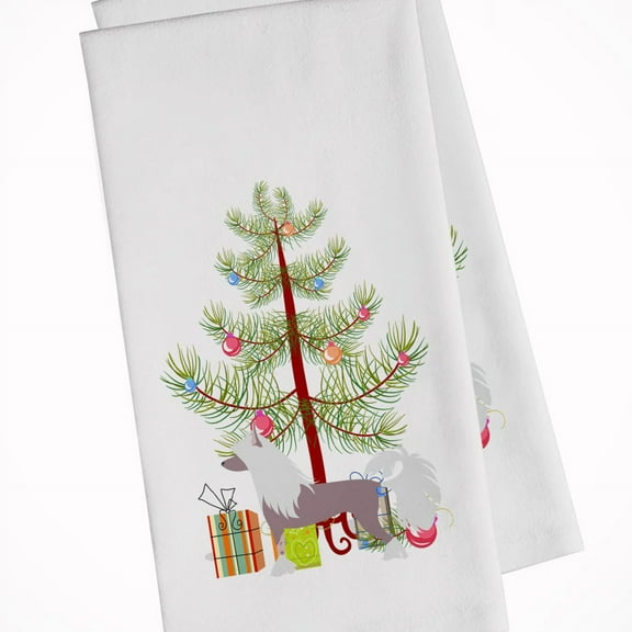 Chinese Crested Merry Christmas Tree White Kitchen Towel Set of 2