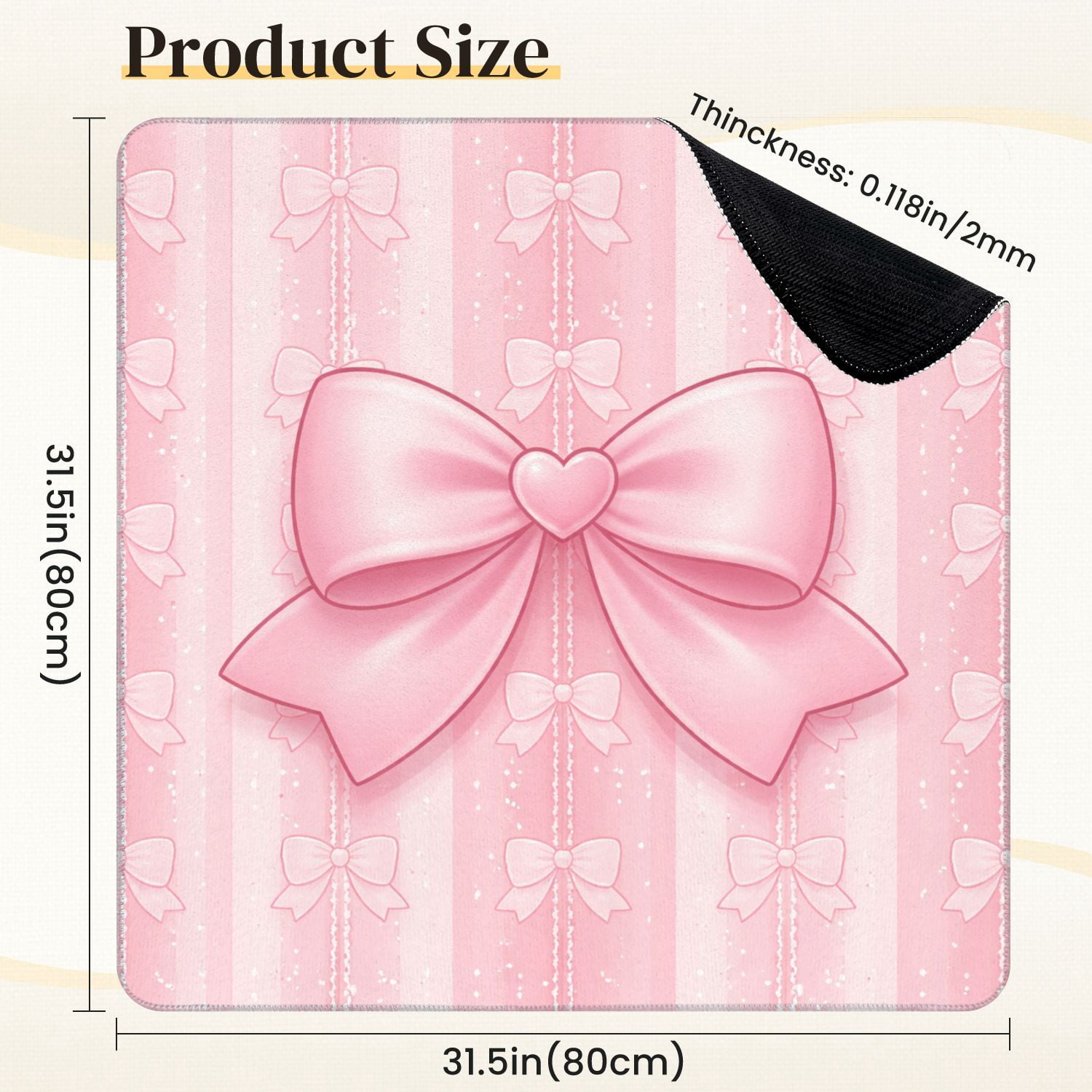 Mahjong Mat 31.5" x 31.5" Pink Heart Shaped Bow Subtle Glitter Stripes Non-Slip Noise Reduction Mahjong Tiles Table Cover for Dominoes Poker Card Board and Tile Games
