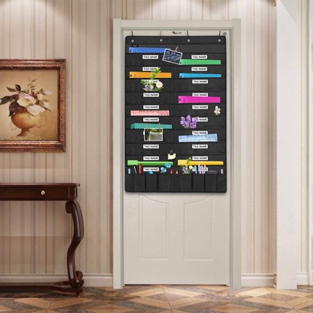 Heavy Duty 20 Pocket Door Hanging File Organizer with Name Tag Holders, Black Wall Storage Pocket Charts with 4 Hangers, Great for Classroom, School, Home or Office Use (20 Nametag Pocket)